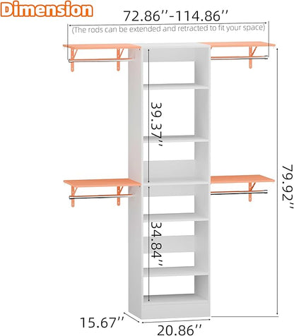 Closet System, Closet Organizer System With Adjustable Shelves, Walk-In Closet Storage System With 5 Hanging Rods, Adjustable Cloth Garment Rack, Fits Spaces 4 to 9FT, White
