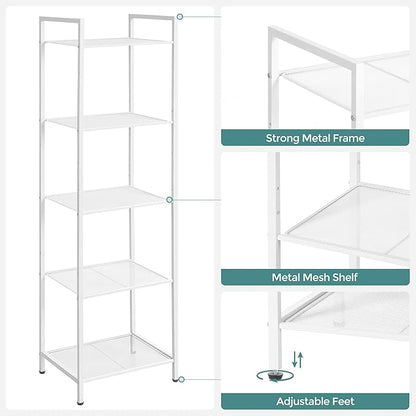 SONGMICS 5-Tier Storage Rack, Bathroom Shelf, Extendable Plant Stand with Adjustable Shelf, for Bathroom, Living Room, Balcony, Kitchen, White UBSC035W01