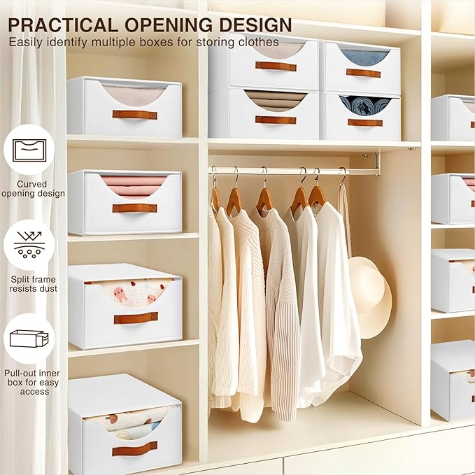 Stackable Storage Drawers - Collapsible Storage Bins with Drawers, 6 Pack Closet Shelf Organizer Basket, Fabric Pull Out Organizer for Bedroom, Living Room, Dorm, White