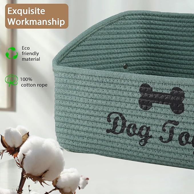 Dog Toy Basket-100% Cotton Rope Dog Toy Bin for Living Room Area-Trapezoid Pet Toys Box with Sturdy Handle-Puppy Bed-Dog Stuff Organizer for Toys,Collar,Leash,Blanket-Chew Proof -Green