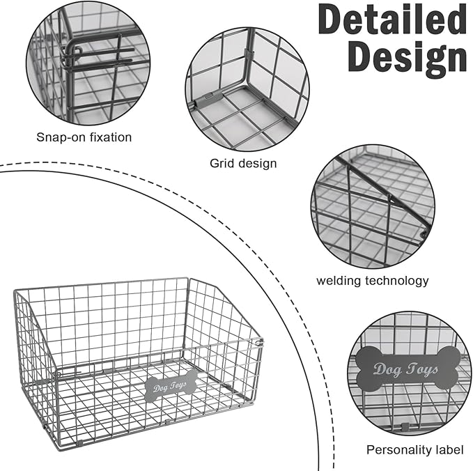 Dog Toy Basket Medium,Pet Storage Toys Box Metal Organizer Bin Dogs Wire Rack Container for Food Baskets Living Room Bins Plastic Supplies Boxes Puppy Cat Chest Organizers Treat Cabinet Gray Crate