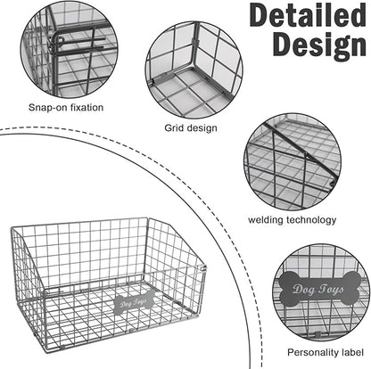 Dog Toy Basket Medium,Pet Storage Toys Box Metal Organizer Bin Dogs Wire Rack Container for Food Baskets Living Room Bins Plastic Supplies Boxes Puppy Cat Chest Organizers Treat Cabinet Gray Crate