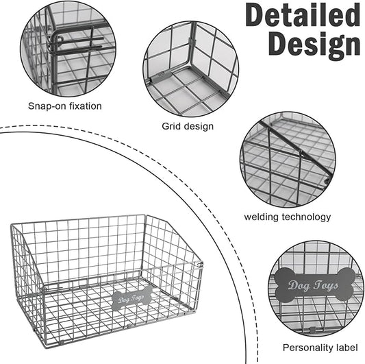 Dog Toy Basket Medium,Pet Storage Toys Box Metal Organizer Bin Dogs Wire Rack Container for Food Baskets Living Room Bins Plastic Supplies Boxes Puppy Cat Chest Organizers Treat Cabinet Gray Crate