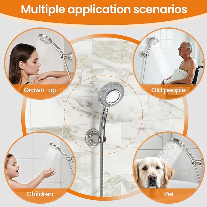 Strong Suction Cup Shower Head Holder - No Drill Handheld Shower Bracket for Seniors, Kids & Pets, Tool-Free Adjustable Height Bathing Aid for Tile/Glass, Rustproof ABS Construction