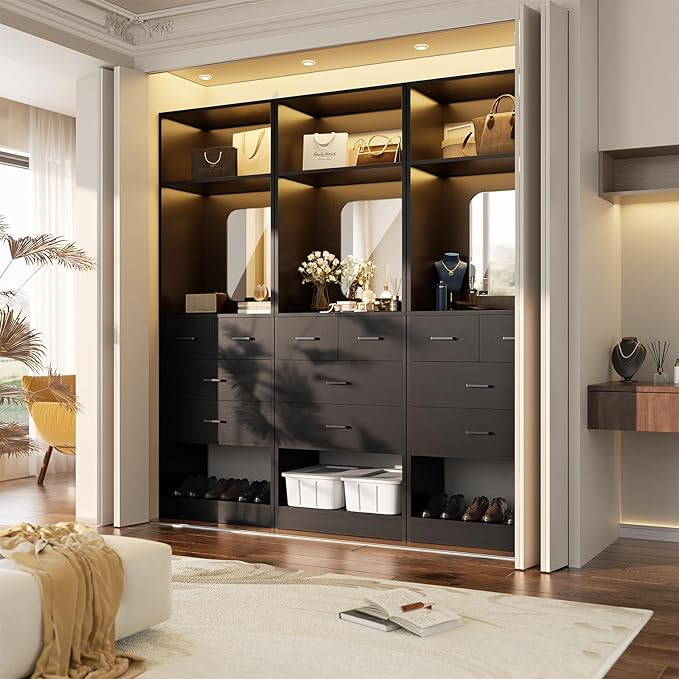 Unikito 25 Inch Closet System with 4 Drawers, 2FT Wood Closets Organizer with Storage Shelves and Mirror Design, Freestanding Sturdy Walk in Closet Tower for Bedroom, 25" W x 16" D x 80" H, Black