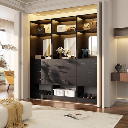 Unikito 25 Inch Closet System with 4 Drawers, 2FT Wood Closets Organizer with Storage Shelves and Mirror Design, Freestanding Sturdy Walk in Closet Tower for Bedroom, 25" W x 16" D x 80" H, Black