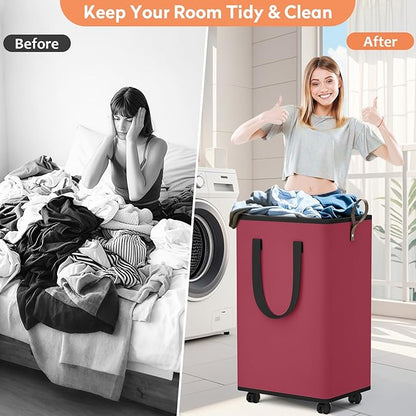 Laundry Basket with Wheels, Collapsible Laundry Baskets, Laundry Hamper with Handles Detachable Wheels, Rolling Laundry Basket, Dirty Clothes Hamper for Bathroom, Dorm, Bedroom, Red, 100L
