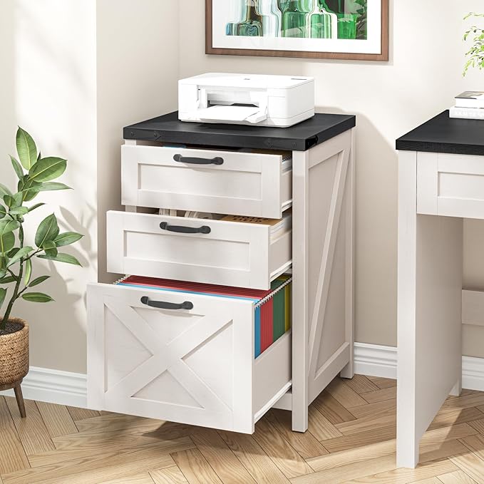 3 Drawer Small File Cabinet, Farmhouse Vertical Filing Cabinet Fits Letter and A4 Size, Under Desk Wooden File Cabinets for Home Office, Printer Stand, White and Black