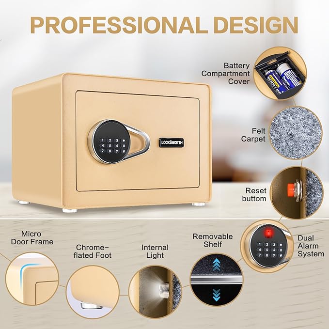 Safe for Home, Small Safe with Fireproof Bag, Removable Shelf, 1.0 Cubic Feet Digital Electronic Security Money Box for Cash, Document, Home, Office, Hotel Use, Champagne Gold，9.84"Dx 13.78"W x 9.84"H