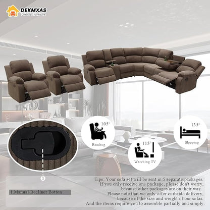 5PCS Brown Reclining Sectional Sofa Set with 2 Recliner Chairs, Living Room Furniture Sets, Corduroy Reclining Couch with 5 Recliner Seats, Drop-Down Table, Cup Holders for Living Room