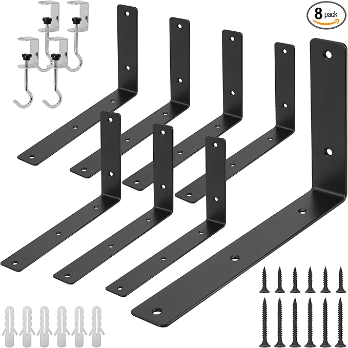 L Floating Shelf Brackets,8 Pack Heavy Duty L Brackets for Shelves, L 10" X H 6" Black Metal Countertop Support Brackets,Wall Mounting for Wood