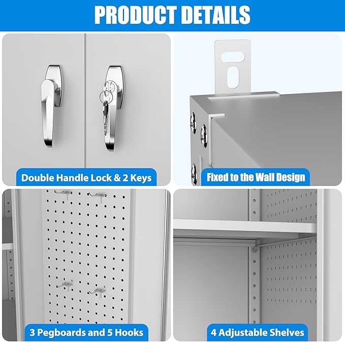 SUXXAN 2025 Upgraded Wide & Deep Garage Storage Cabinet with Wheels, Lockable Metal Storage Cabinet with Pegboards and 9 Hooks, 2 Tool Pouches for Garage,4 Adjustable Shelves