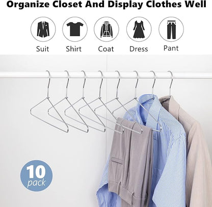 Amber Home 10 Pack Heavy Duty Metal Shirt Coat Hangers, Stainless Steel Clothes Hanger with Polished Chrome, 17 Inch Silver Metal Wire Hanger