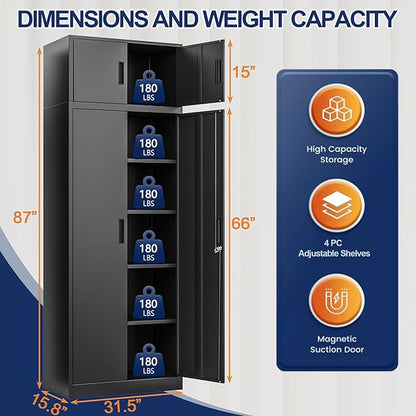 BESFUR Metal Storage Cabinet 87" H，Black Locking Storage Cabinets with Top Cabinet and 4 Adjustable Shelves for Home Office, Garage,School, Apartment, Warehouse, Utility Room