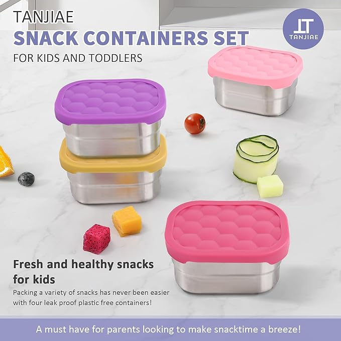 4Pack Small (1 CUP) 8oz Stainless Steel Snack Containers for Kids | Reusable Easy Open Toddler Snack Containers with Silicone Lids | Stackable Toddler Lunch Box for Daycare, School and Travel
