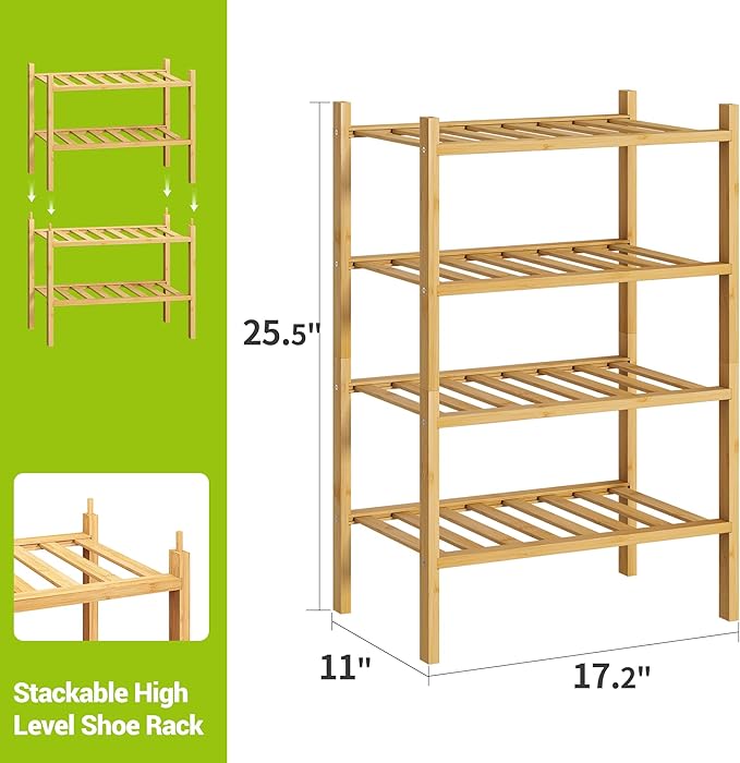 BMOSU 4-Tier Bamboo Small Shoe Rack Premium Stackable Shoe Shelf Storage Organizer for Hallway Closet Living Room Entryway Organizer (Natural Bamboo)