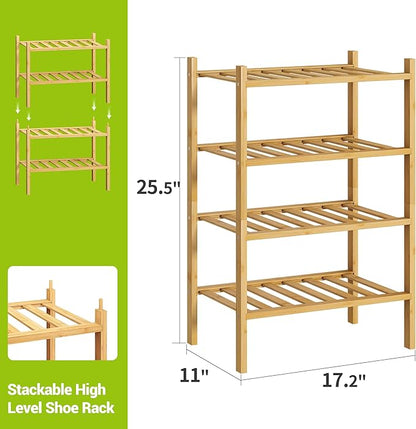 BMOSU 4-Tier Bamboo Small Shoe Rack Premium Stackable Shoe Shelf Storage Organizer for Hallway Closet Living Room Entryway Organizer (Natural Bamboo)
