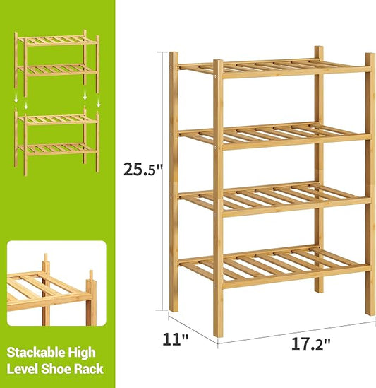 BMOSU 4-Tier Bamboo Small Shoe Rack Premium Stackable Shoe Shelf Storage Organizer for Hallway Closet Living Room Entryway Organizer (Natural Bamboo)