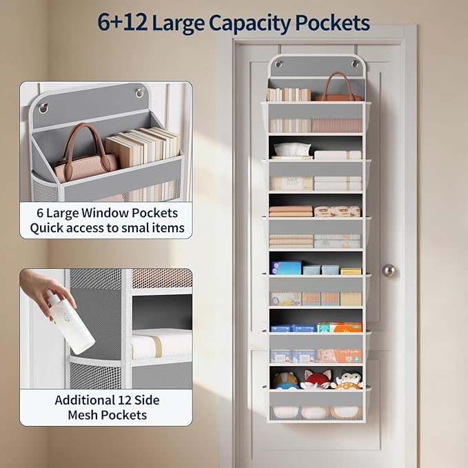 Yecaye 6 Tier Over the Door Organizer, 52.8lbs Capacity Door Organizer Hanging with 12 Mesh Pockets, Behind the Door Storage for Closet Baby Nursery Bathroom Bedroom,and Dorm