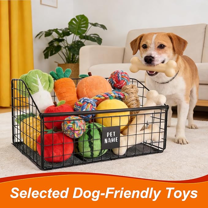 Indestructible Dog Toy Basket, 42.5x28x21.5cm/16.7x11x8.5in Metal Storage Bin for Chew Toys Bones and Treats Durable Toy Organizer for Living Room Area (Black)