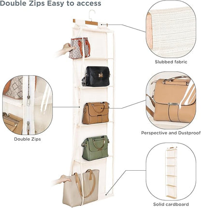Syeeiex Hanging Handbag Purse Organizer with Zippers, 5 Mesh Shelves,Clear Slubbed Fabric+PVC Hanging Closet Bag Organizer, Dustproof Handbag Closet Tote Storage Bag for Door, Wardrobe, Beige