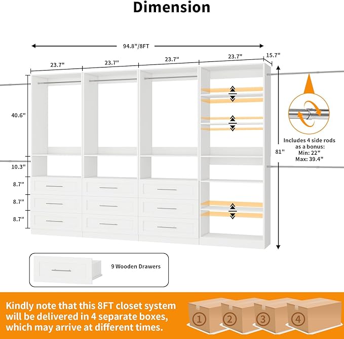 Closet System with 4 Sets, 8FT Closet Organizer Systems with 9 Wooden Drawers 9 Shelves & 5 Hanging Rods, Walk in Closet freestanding Small Corner Modular Closet Storage System White (8FT)