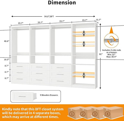 Closet System with 4 Sets, 8FT Closet Organizer Systems with 9 Wooden Drawers 9 Shelves & 5 Hanging Rods, Walk in Closet freestanding Small Corner Modular Closet Storage System White (8FT)