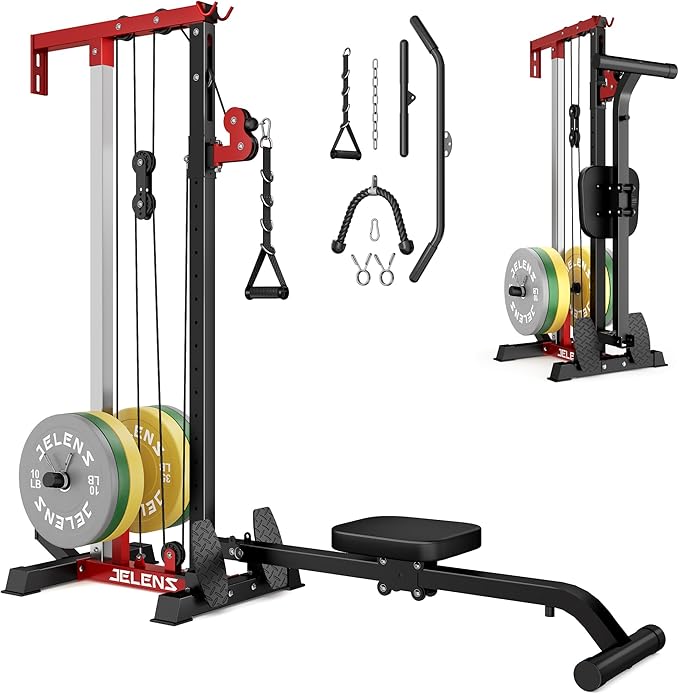 RC01 Foldable LAT Pulldown Machine with Adjustable seat, Wall Mount Cable Station with 16 Adjustable Positions, Cable Machine Home Gym 2 in 1, Functional Trainer with Rowing and LAT Pulldown