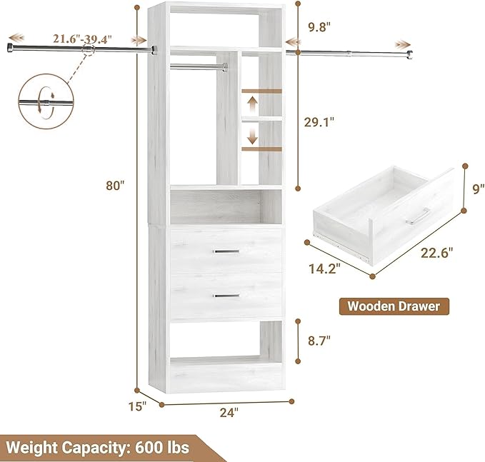COTUBLR Closet System, 48" W - 105” W Closet Organizer with 24” Tower and 2 Extendable Hanging Rods, Walk-in Wardrobe Garment Rack with 2 Wooden Drawers and 6 Shelves, Fit up to 600 LBS (White Oak)