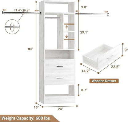 COTUBLR Closet System, 48" W - 105” W Closet Organizer with 24” Tower and 2 Extendable Hanging Rods, Walk-in Wardrobe Garment Rack with 2 Wooden Drawers and 6 Shelves, Fit up to 600 LBS (White Oak)
