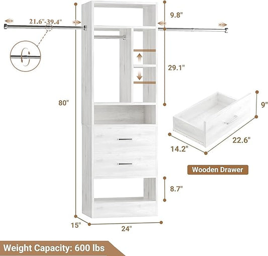 COTUBLR Closet System, 48" W - 105” W Closet Organizer with 24” Tower and 2 Extendable Hanging Rods, Walk-in Wardrobe Garment Rack with 2 Wooden Drawers and 6 Shelves, Fit up to 600 LBS (White Oak)
