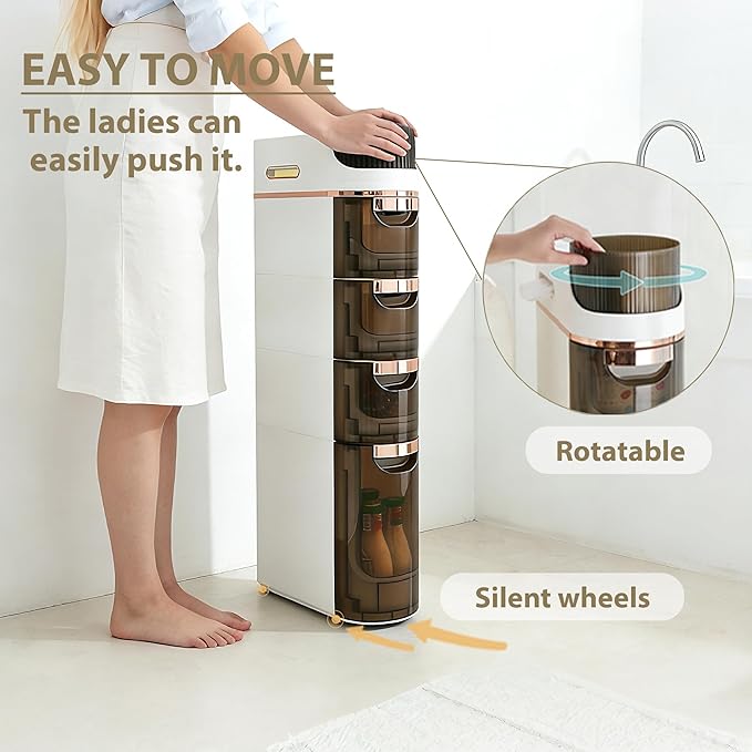 Slim Bathroom Storage,Slim Cabinet for Bathroom,Narrow Movable Bathroom Storage Organizer for Small Spaces,Bathroom,Kitchen,Living Room (3-Tiers)