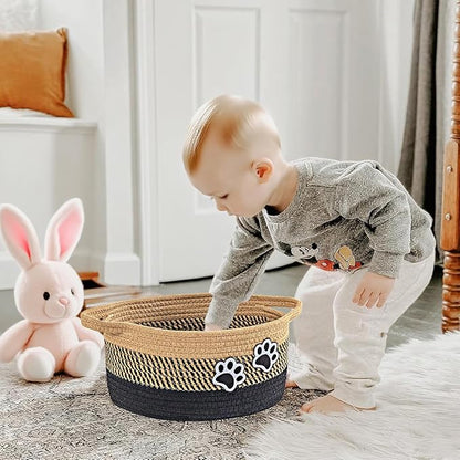 Small Woven Cotton Rope Nursery Organizer Bins, Dog Toy Basket Bins with Handle, Cute Empty Baby Gift Storage Baskets with Paw