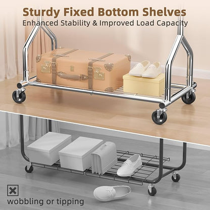 EAGMAK Heavy Duty Clothes Rack Load 424 LBS, Rolling Clothing Rack With Shelves, Adjustable Metal Clothes Hanger with Wheels, Portable Wardrobe Organizer Garment Rod for Hanging Clothes (Silver)