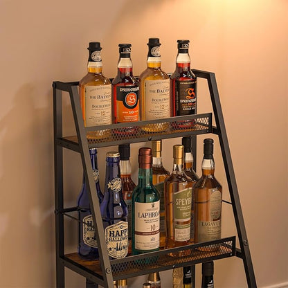 3-Tier Liquor Stand for Home Bar, Stepped Wine Rack Freestanding Floor for Liquor Whiskey Wine, Versatile Corner Wine Bottle Display Stand with Fences, Vintage Brown, Safe Height for Kids & Pets