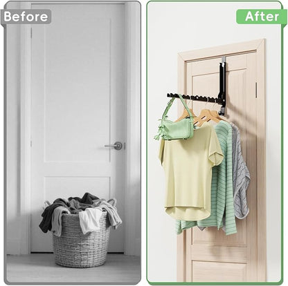 Over The Door Hooks, Extended Over The Door Clothes Hanger with 11 Ridges,Space-Saving Over The Door Rack,Door Hooks for Hanging Clothes,Larger Capacity Over The Door Hanger (1, Black(Update))