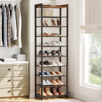 HOOBRO 10-Tier Shoe Rack, 20.5" L Shoe Storage Organizer, Narrow Shoe Shelf, Saving Space, Stable and Sturdy, Hold 18-20 Pairs of Shoes, for Entryway, Hallway, Living Room, Rustic Brown BF40XJ01