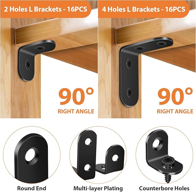32PCS L Corner Brackets, MAPVOLUT Black Heavy Duty L Brackets for Shelves with 100PCS Screws, Metal Right Angle Shelf Bracket, Metal Corner Brace for Wood Furniture (1.57x1.57in/0.79x0.79in)