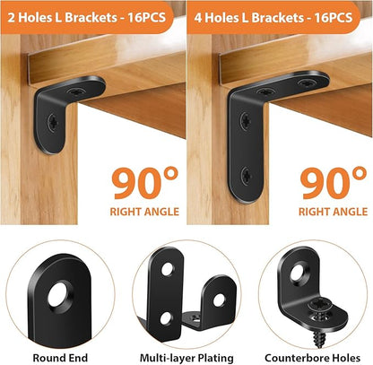 32PCS L Corner Brackets, MAPVOLUT Black Heavy Duty L Brackets for Shelves with 100PCS Screws, Metal Right Angle Shelf Bracket, Metal Corner Brace for Wood Furniture (1.57x1.57in/0.79x0.79in)