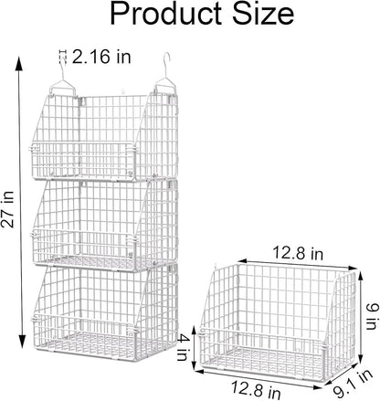 Hanging Closet Organizer and Storage, Clothes Hanging Shelves Wire Baskets for Clothing Sweaters Purse Handbags Shoes White 3 Tier