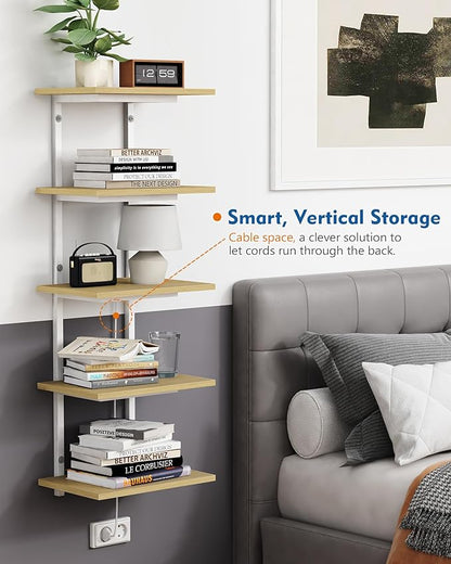White and Natural Tiered Wall Shelf Unit, 5 Tier Display Floating Shelves, Deep Hanging Wall Shelving Unit for Living Room Plants TV, Bedroom Books, Office Décor (White and Natural Wood)