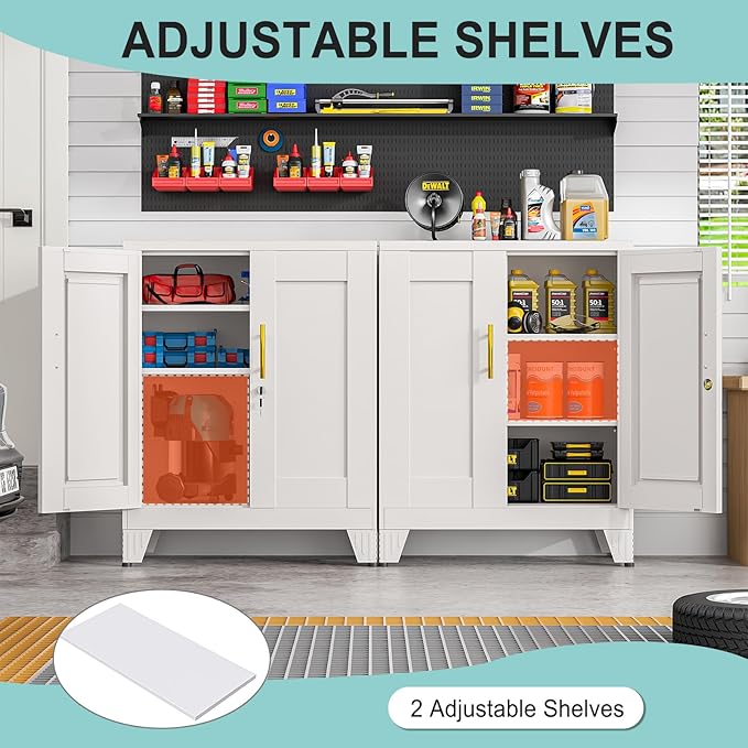 35.43" Metal Storage Cabinet with Lock, Metal File Cabinet with 2 Doors ＆ 2 Adjustable Shelves, Steel Locker Utility Tool Garage Cabinets for Home, Office, Warehouse (White)