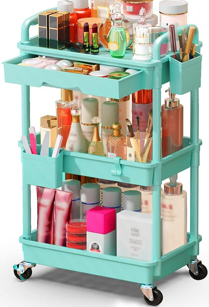Makeup Cart Organizer with Drawers, Floor Skincare Organizers Vanity Storage Organizer, Rolling Makeup Bathroom Storage Cart Cosmetics Display Cases for Skin Care Perfume Nail Polish, Blue