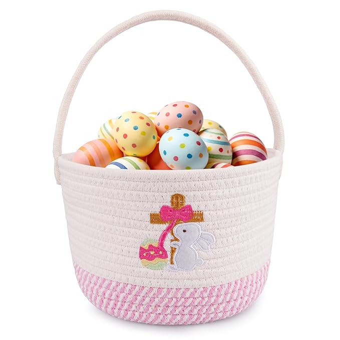 Baby Easter Basket & Gift Basket - Pink White Cross Bunny Woven Cotton Rope Basket with Handle, Empty Egg Hunt Basket for Girls, Boys, Toddlers