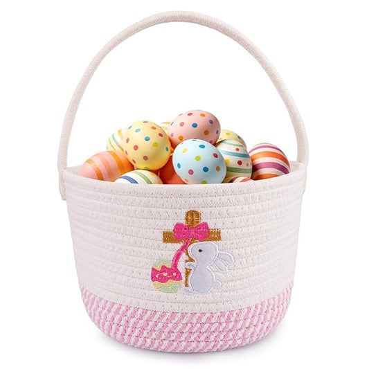 Baby Easter Basket & Gift Basket - Pink White Cross Bunny Woven Cotton Rope Basket with Handle, Empty Egg Hunt Basket for Girls, Boys, Toddlers
