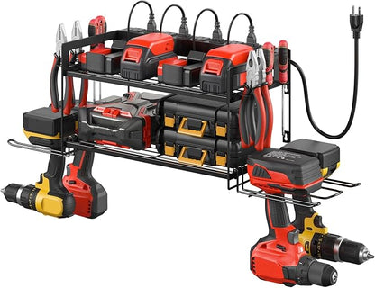 CCCEI Garage Tools Storage with Charging Station. Power Tool Battery Organizer Utility Shelf with Power Strip. 4 Drills Holder Wall Mount Rack, Black.