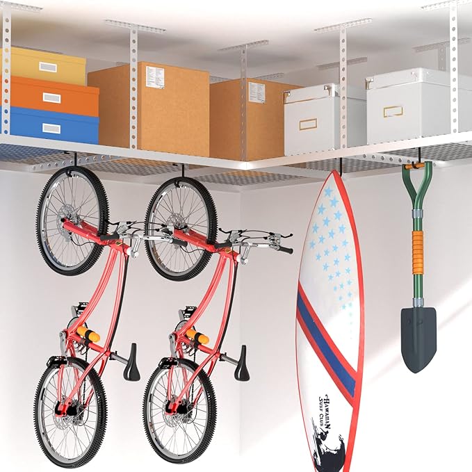 Thickened Bike Hooks for Garage Ceiling Rack: Heavy Duty Overhead Storage Rack Hook for Bicycle, Hold 50 lb, Safe Rack Bike Hanger, Metal, 4 Pack