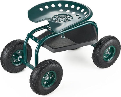 VEVOR Rolling Garden Cart with Swivel Seat, Heavy Duty Garden Seat with Storage Basket & Tool Tray, 300 lbs Weight Capacity, Outdoor Utility Gardening Stool Scooter for Lawn Yard Planting Weeding