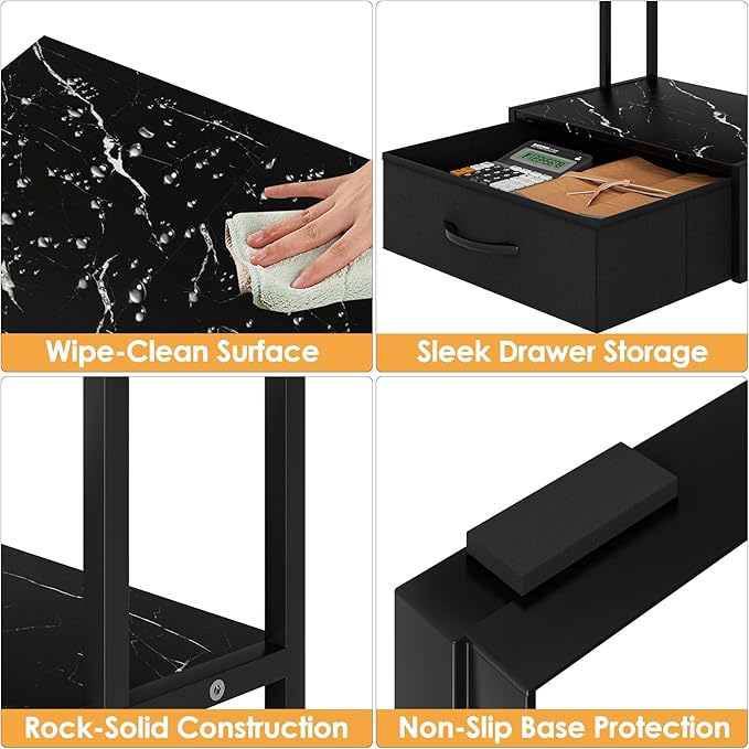 Masupu Printer Stand for Desk, Printer Table with Fabric Storage Drawer, 2 Tier Desktop Shelf, Multi-Purpose Desk Organizer for Home Office, 3D Printer, Fax Machine, Scanner, Marble Black