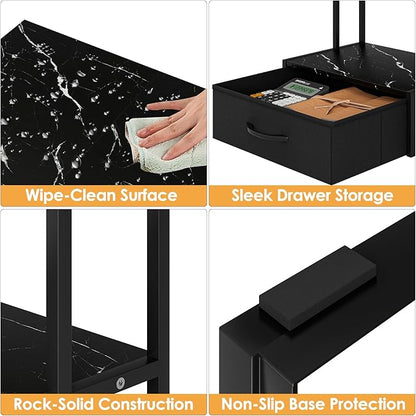 Masupu Printer Stand for Desk, Printer Table with Fabric Storage Drawer, 2 Tier Desktop Shelf, Multi-Purpose Desk Organizer for Home Office, 3D Printer, Fax Machine, Scanner, Marble Black